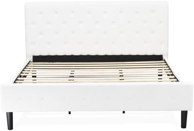 East West Furniture NL19K-1GA13 2 Piece King Size Bedroom Set - Button Tufted Wooden Bed Frame - Linen white Velvet Fabric Upholstered Headboard and a Burgundy Finish Nightstand