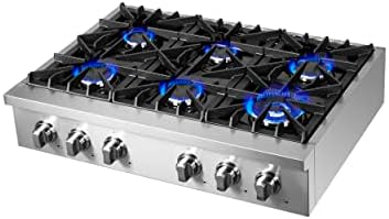 FORNO Cossato 36' Inch. Gas Rangetop with 6 Sealed Burners Cooktop - Drop-In Stainless Steel Stove Top Heavy Duty Cast Iron Grates with Auto-ignition, Griddle, Wok-Ring and LP conversion Kit