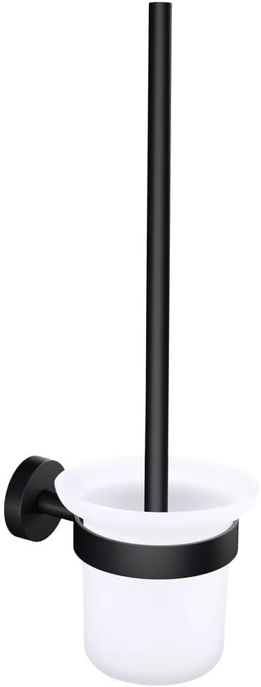 tesa MOON BLACK Toilet Brush Set, with holder and toilet brush, matt black, satin glass - for industrial style and modern bathrooms - drill-free, incl. adhesive solution - 379 mm x 112 mm x 145 mm