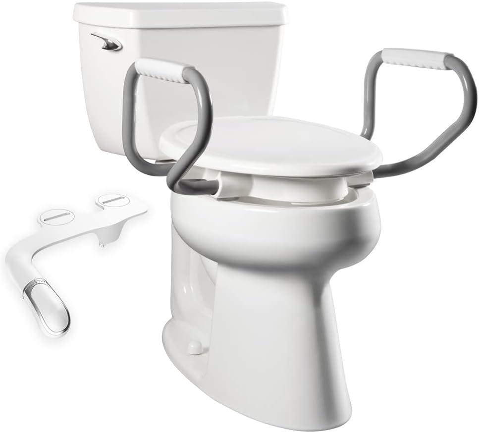 Bemis Assurance 3' Raised Toilet Seat with Handles and Bidet Attachment, Therapist Preferred for Safety, Secure Hinges, Clean Shield Guard, Elongated, White