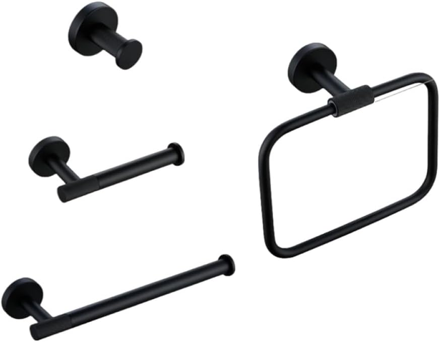 Modern Matte Black Bathroom Accessories Set with Brass Towel Bar Bath Robe Hook Knur Shelf Tissue Holder Stylish and Fun Design for Wall Mount Installation Perfect for Towels and Paper Organ