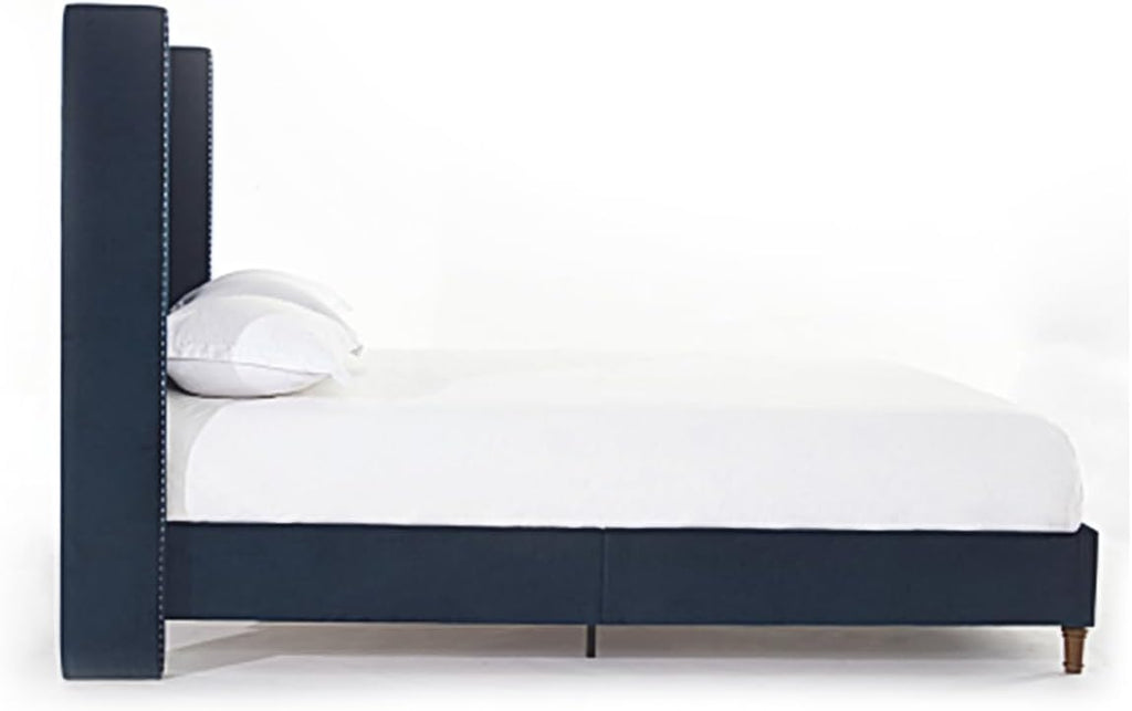 King Size Bed Frame,54'High Headboard Button Tufted Nailhead Trimmed Backrest Headboard,Velvet Metal Upholstered Platform Bed Frame,Wooden Slats Provide Strong Support,No Springs Required,Blue