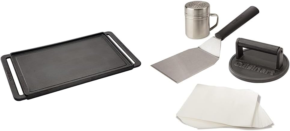 Cuisinart CCP-2000 Reversible Cast Iron Grill/Griddle Cookware Plate, Ribbed Grill & Smooth Flat Top Griddle and Cuisinart CSBK-400, Smashed Burger Kit, Cast Iron