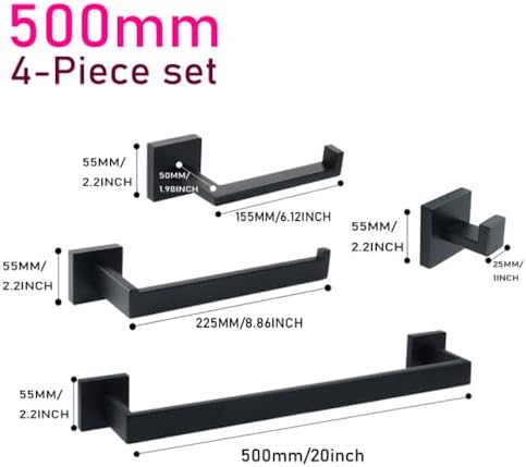Matt Black Bathroom Accessories Set - Wall Mounted Toilet Roll Holder, Robe Hook, Towel Rail (40cm, 50cm) - Modern Stylish Bathroom Hardware & Organization Solutions