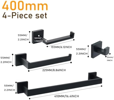 Matt Black Bathroom Accessories Set - Stylish Wall Mounted Toilet Roll Holder, Robe Hook, Towel Rail Rack (40cm & 50cm) - Sleek Bathroom Hardware & Organization Solution