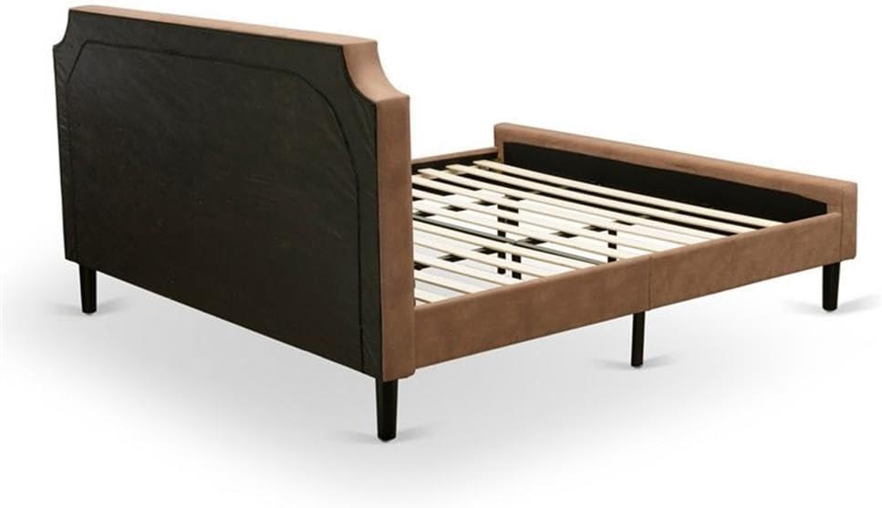 East West Furniture GB28K-2HI0M 3-Piece Granbury Bedroom set with Button Tufted King Bed and 2 Antique Mahogany Mid Century Nightstand - Brown faux Leather with Brown Texture and Black Legs