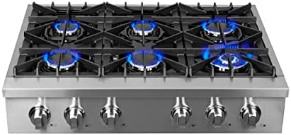 FORNO Cossato 36' Inch. Gas Rangetop with 6 Sealed Burners Cooktop - Drop-In Stainless Steel Stove Top Heavy Duty Cast Iron Grates with Auto-ignition, Griddle, Wok-Ring and LP conversion Kit