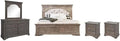 Pemberly Row King Panel Bed, Driftwood Gray Wood Frame, Upholstered Button Tufted Cream Fabric Headboard, Distressed Finish, Hardwood Solids and Veneers, Classic Bedroom Furniture, Requires Box Spring