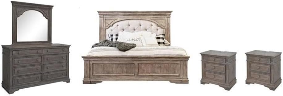 Pemberly Row King Panel Bed, Driftwood Gray Wood Frame, Upholstered Button Tufted Cream Fabric Headboard, Distressed Finish, Hardwood Solids and Veneers, Classic Bedroom Furniture, Requires Box Spring