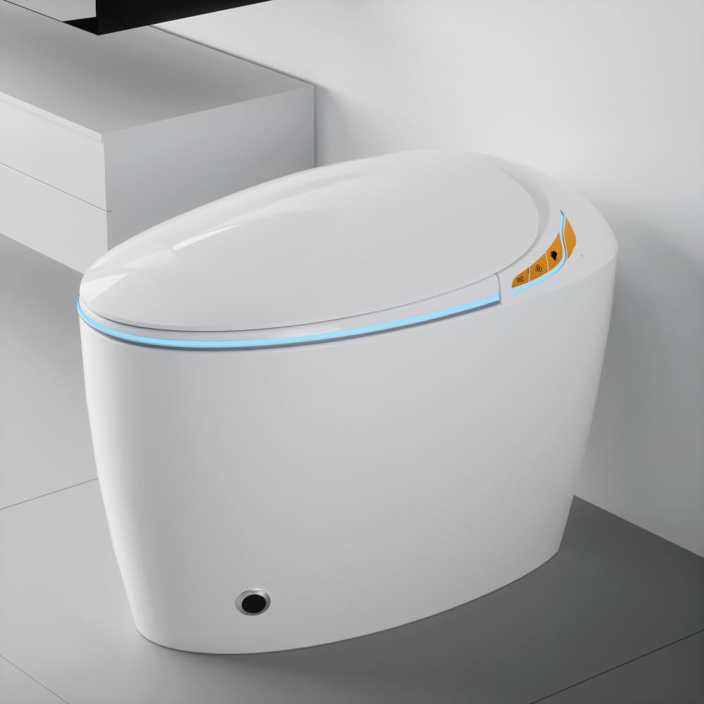 Unique Smart Toilet with Bidet, Auto Open/Close Seat, Foot Sensor, LED Display, Night Light, Warm Water & Dryer, Intelligent One-Piece Toilet for Modern Bathroom, White