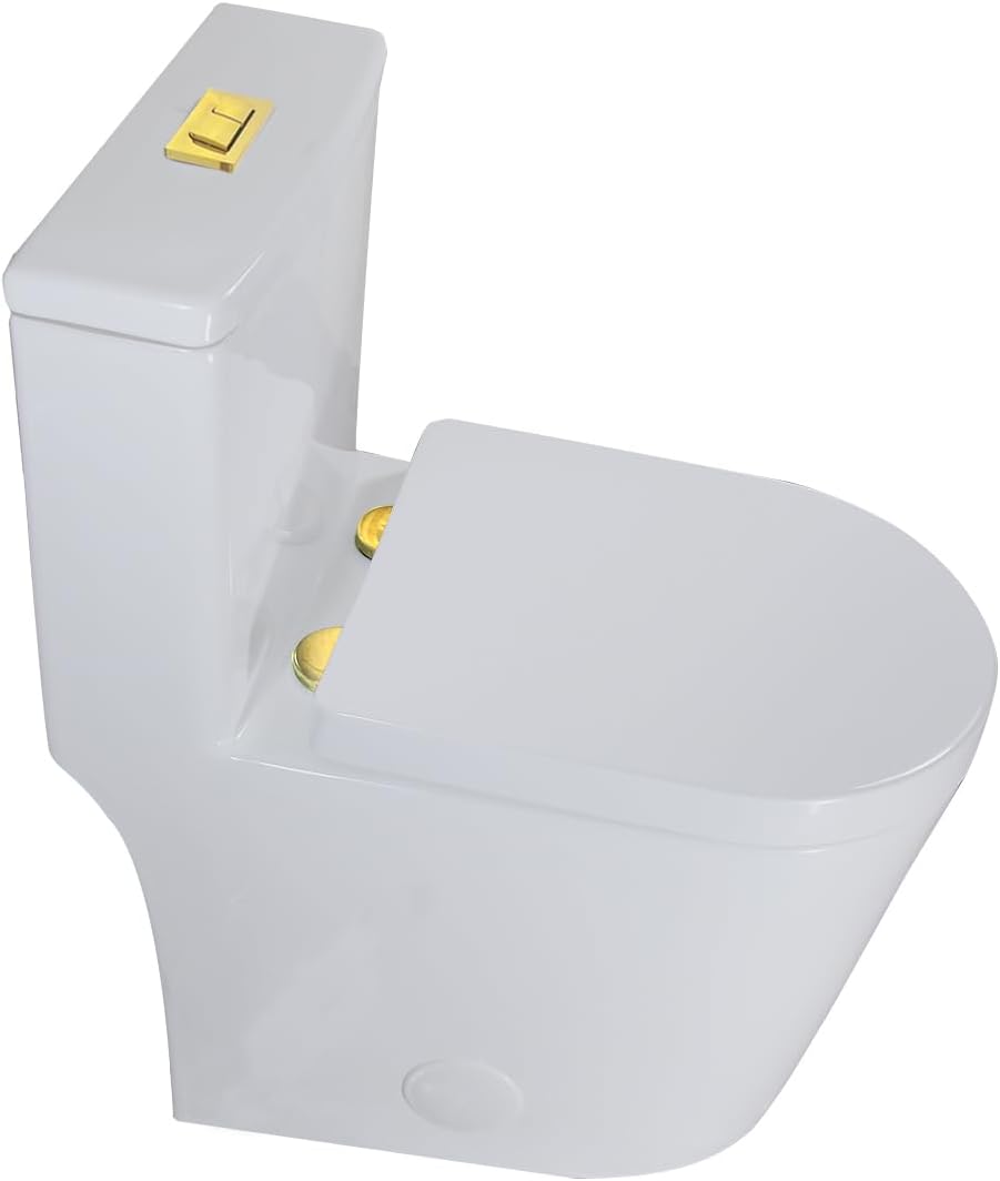 WinZo WZ5089WG Compact One Piece Toilet 23' Depth,Dual Flush Golden Button For Small Modern Bathroom 12' Rough-in White