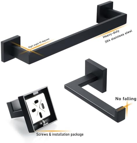 Stylish Matt Black Bathroom Accessories Set - Wall Mounted Toilet Roll Holder, Robe Hook & Towel Rail Rack (40cm & 50cm) - Modern Bathroom Hardware & Organization Solutions