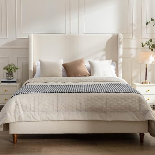 Queen Size Bed Frame With Headboard,54' Headboard Boucle Upholstered Platform Bed,Bedroom Furniture Sets No Springs Required,Metal Bed Frame With Wooden Slats for Strong Support,No Noise Free,Ivory