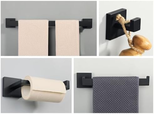 Stylish Matt Black Bathroom Accessories Set - Wall Mounted Toilet Roll Holder, Robe Hook & Towel Rail Rack (40cm & 50cm) - Modern Bathroom Hardware & Organization Solutions