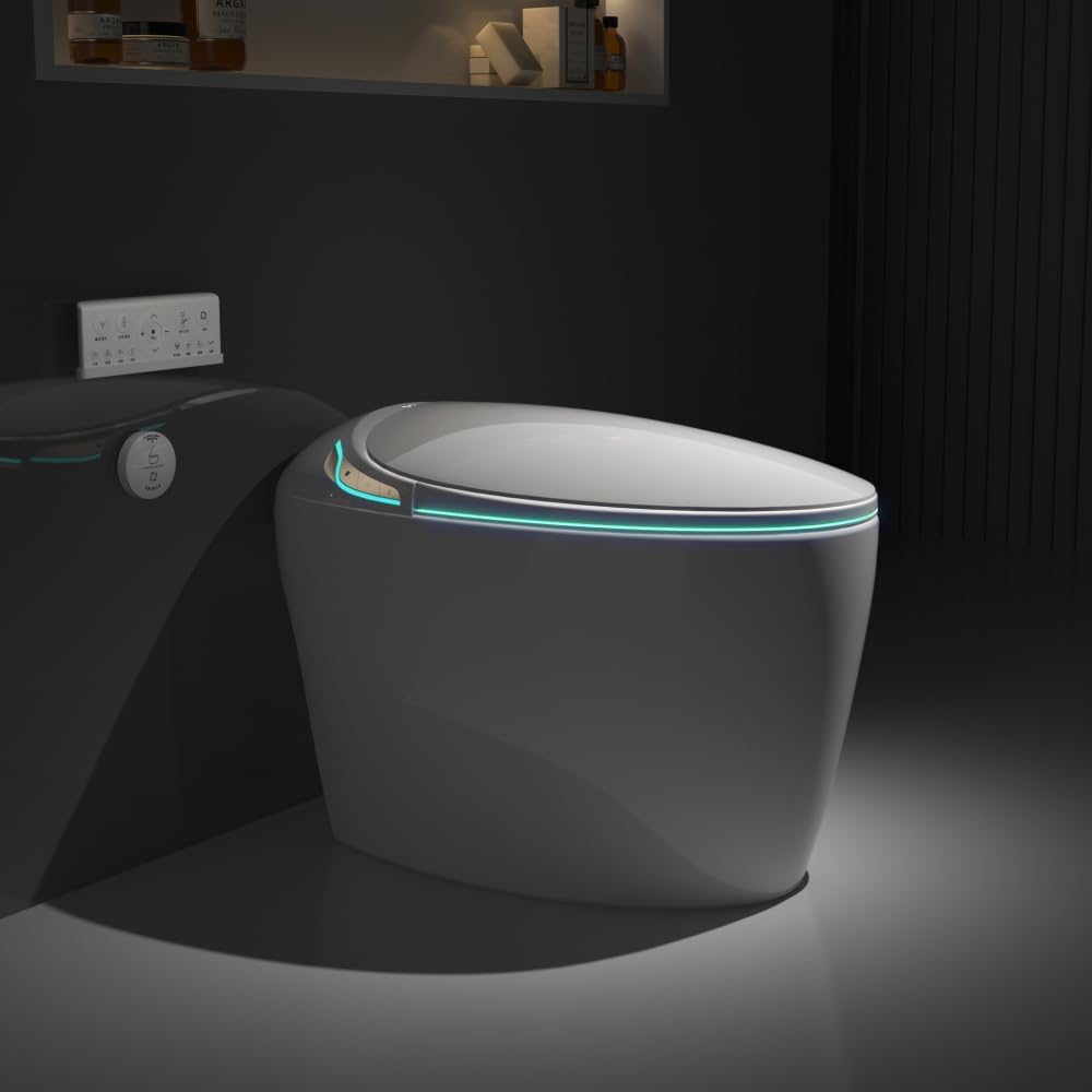 Unique Smart Toilet with Bidet, Auto Open/Close Seat, Foot Sensor, LED Display, Night Light, Warm Water & Dryer, Intelligent One-Piece Toilet for Modern Bathroom, White