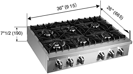 FORNO Cossato 36' Inch. Gas Rangetop with 6 Sealed Burners Cooktop - Drop-In Stainless Steel Stove Top Heavy Duty Cast Iron Grates with Auto-ignition, Griddle, Wok-Ring and LP conversion Kit