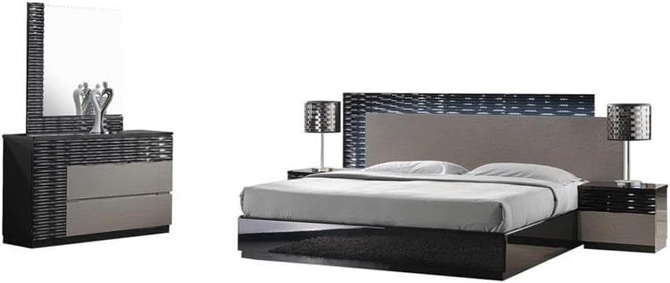 Pemberly Row 5-Piece Cal King Bedroom Set, Engineered Wood, High Gloss Black and Zebra Gray Finish, Platform Bed, Dresser, Mirror, 2 Nightstands, Modern Style Furniture for Contemporary Bedroom