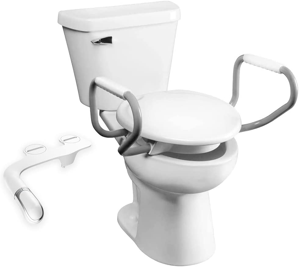 Bemis Assurance 3' Raised Toilet Seat with Handles and Bidet Attachment, Therapist Preferred for Safety, Secure Hinges, Clean Shield Guard, Round, White