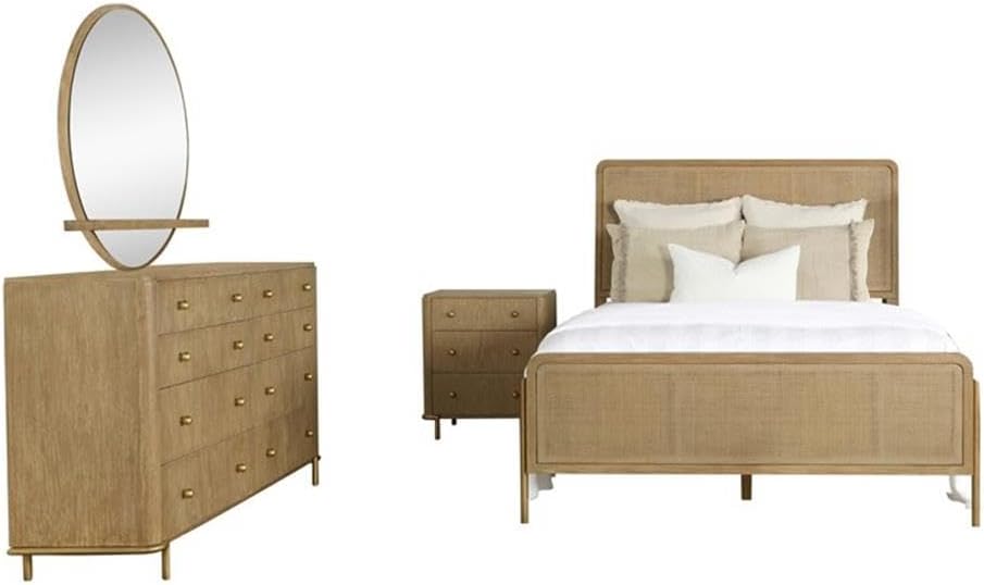 Pemberly Row 4-Piece Eastern King Bedroom Set, Sand Wash Finish, Solid Wood and Natural Cane, Includes Bed, Nightstand, Dresser, Mirror, Mid-Century Modern Style, USB Ports, Storage, Elegant Retreat