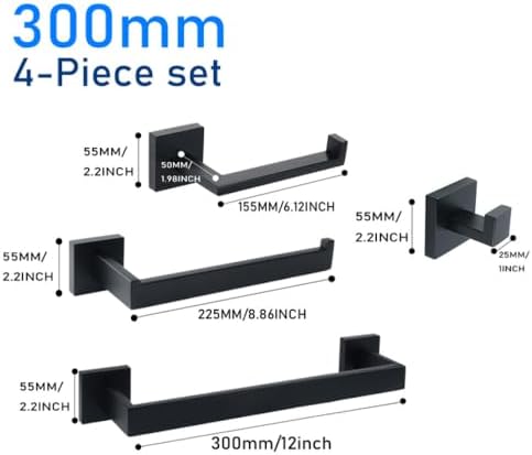 Matt Black Bathroom Accessories Set - Wall Mounted Toilet Roll Holder, Towel Rail Rack (40cm, 50cm), Robe Hook - Modern Stylish Hardware for Bathroom Organization & Decor