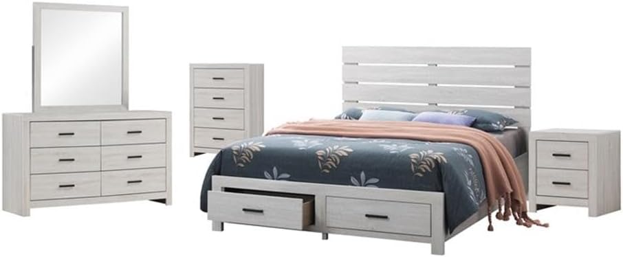 Coaster Home Furnishings Brantford Farmhouse 5-Piece Bedroom Set Eastern King Size Storage Panel Bed Frame 49-inch Headboard Coastal White 207050KE-S5