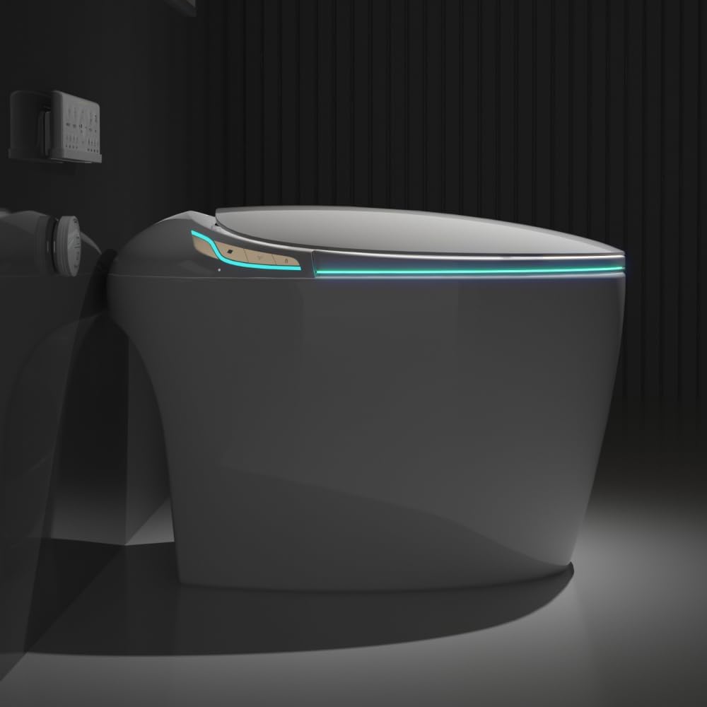 Unique Smart Toilet with Bidet, Auto Open/Close Seat, Foot Sensor, LED Display, Night Light, Warm Water & Dryer, Intelligent One-Piece Toilet for Modern Bathroom, White