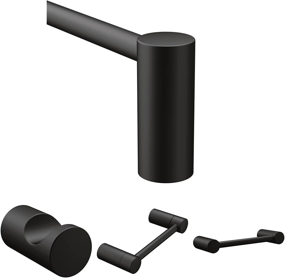 Moen Align Matte Black Accessories Bundle Featuring Modern 24inch Bathroom Towel Bar, Robe Hook, Wall Mounted Double Post Pivoting Toilet Paper Holder, and 9inch Hand-Towel Bar