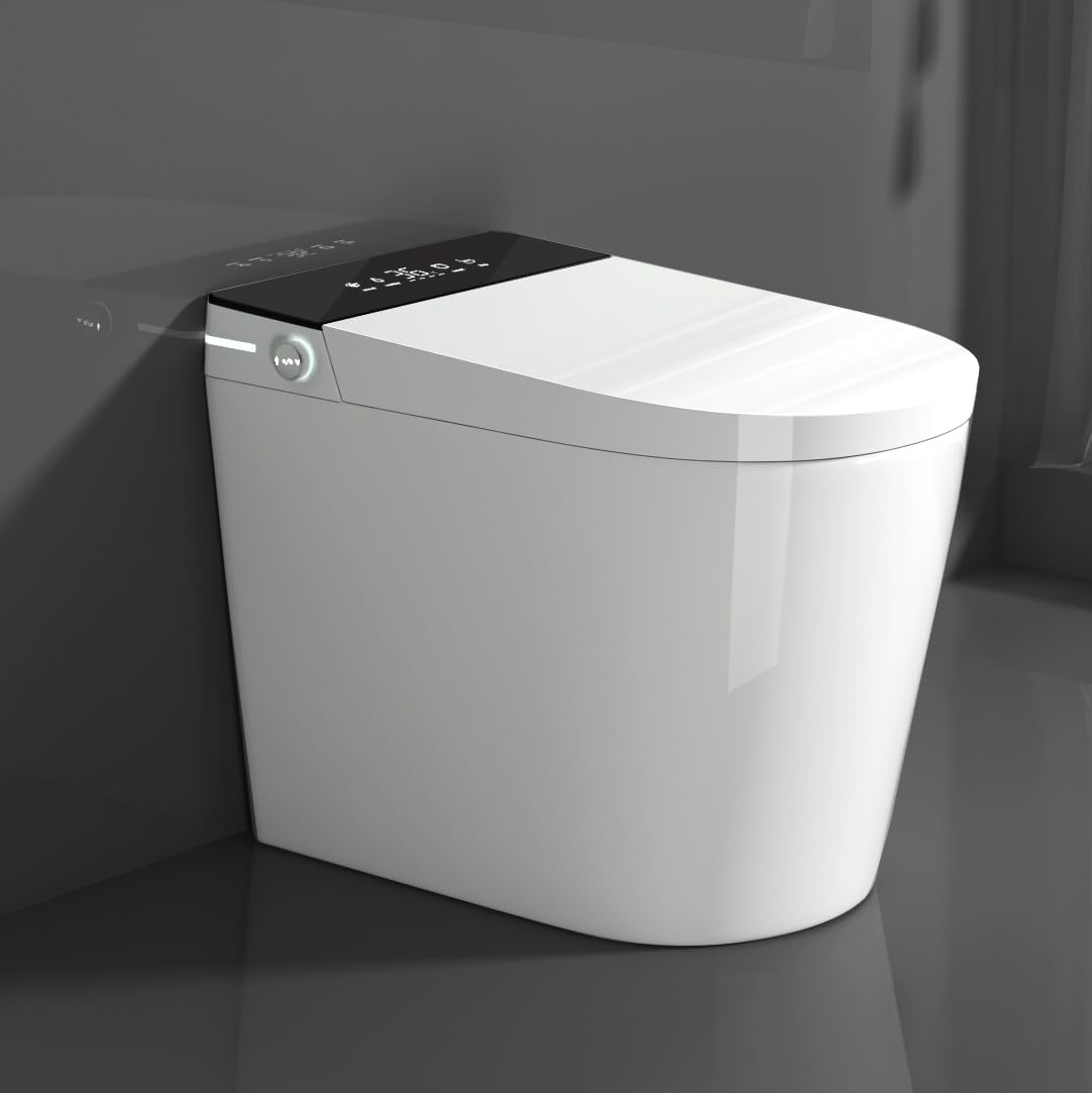 Compact Smart Toilet with Bidet Seat Built in, Tankless with 23.25' Depth, Auto Open Auto Flush, Heated Seat, Instant Warm Air Dryer for Small Bathrooms, White with Black Panel
