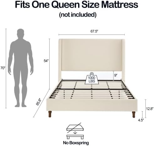 Queen Size Bed Frame With Headboard,54' Headboard Boucle Upholstered Platform Bed,Bedroom Furniture Sets No Springs Required,Metal Bed Frame With Wooden Slats for Strong Support,No Noise Free,Ivory