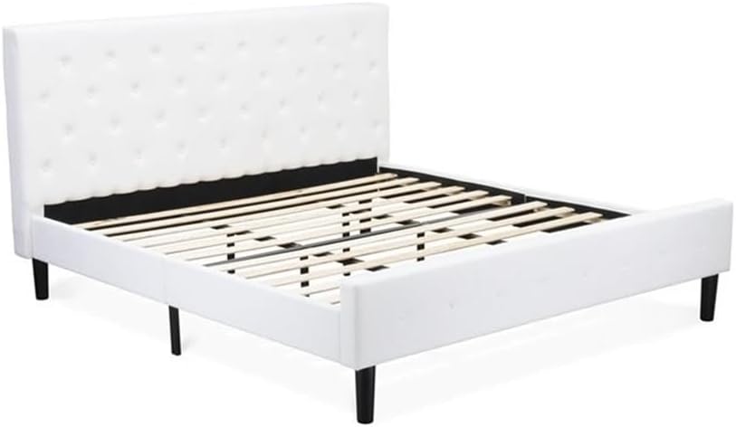 East West Furniture NL19K-1GA13 2 Piece King Size Bedroom Set - Button Tufted Wooden Bed Frame - Linen white Velvet Fabric Upholstered Headboard and a Burgundy Finish Nightstand