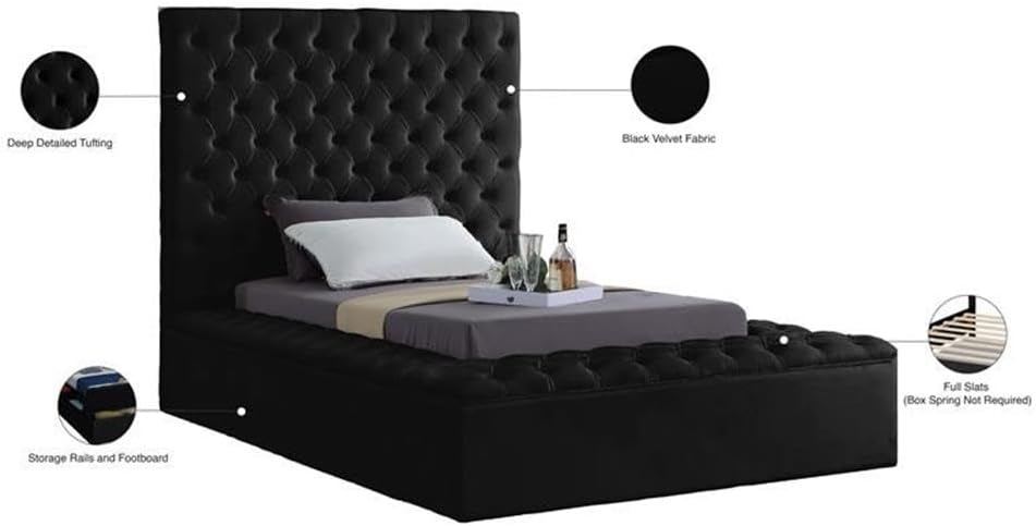 Pemberly Row Modern Solid Wood Tufted Velvet Twin Bed, Black Fabric, Deep Tufted Upholstery, Storage Rails and Footboard, Full Slats, No Box Spring Needed, 60.5' Headboard, Contemporary Bedroom