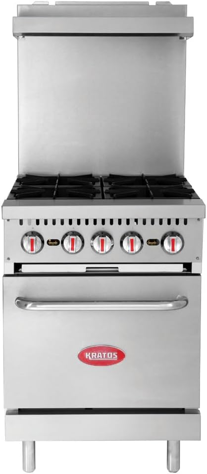 Kratos 24' Wide Commercial Gas Range with Four Burners and Standard Oven, Stainless Steel Range for Restaurants, 150,000 Total BTU, Liquid Propane (29Y-043-LP)