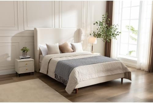 Queen Size Bed Frame With Headboard,54' Headboard Boucle Upholstered Platform Bed,Bedroom Furniture Sets No Springs Required,Metal Bed Frame With Wooden Slats for Strong Support,No Noise Free,Ivory