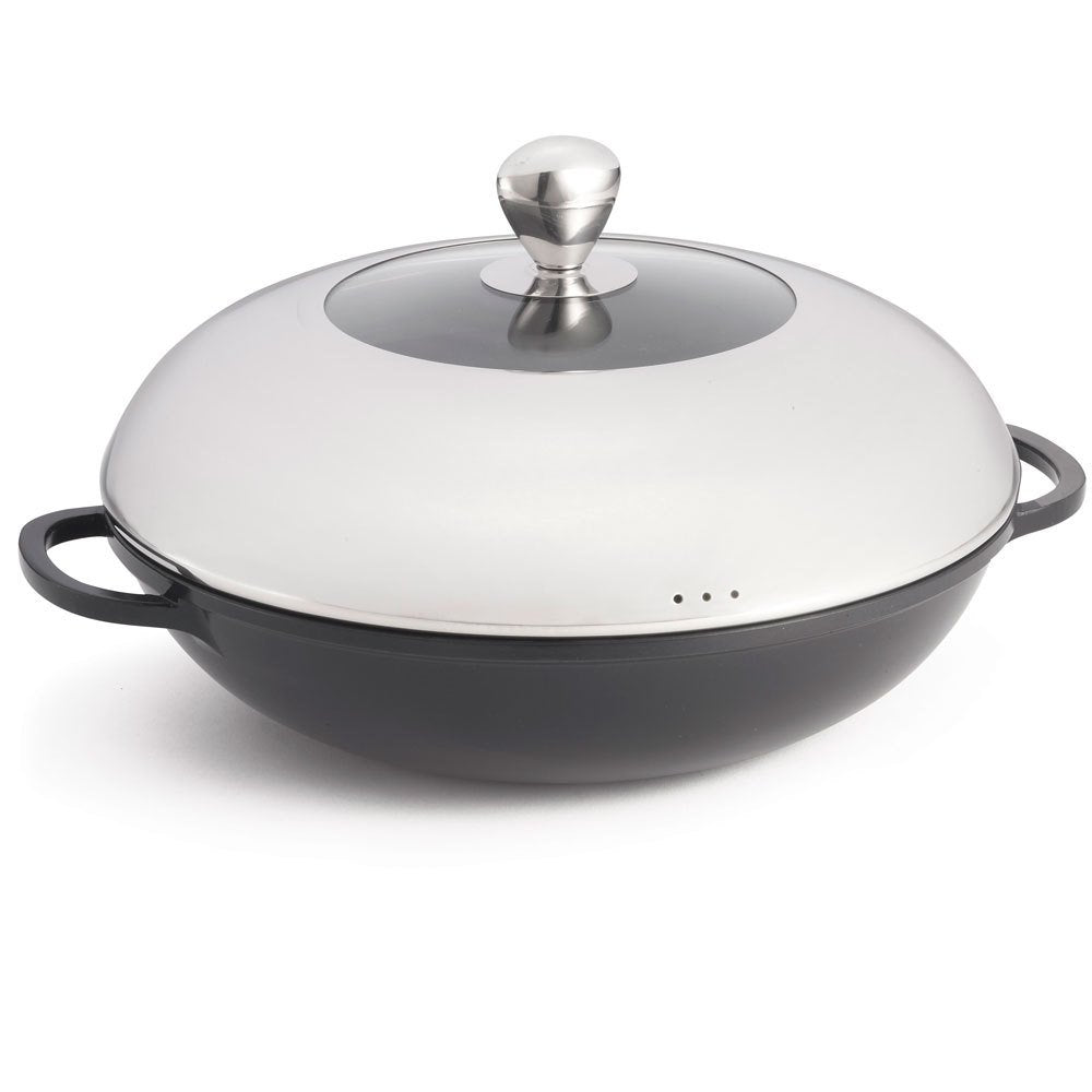 TableCraft CWDC1040 Induction Wok, 3 qt., 13' Dia. x 3', Round, lid Included, cast Handles, Safe for Stove top, hot Plate, Gas, steam, Induction and Oven use, Stainless Steel, Heat Safe up to 450­°,