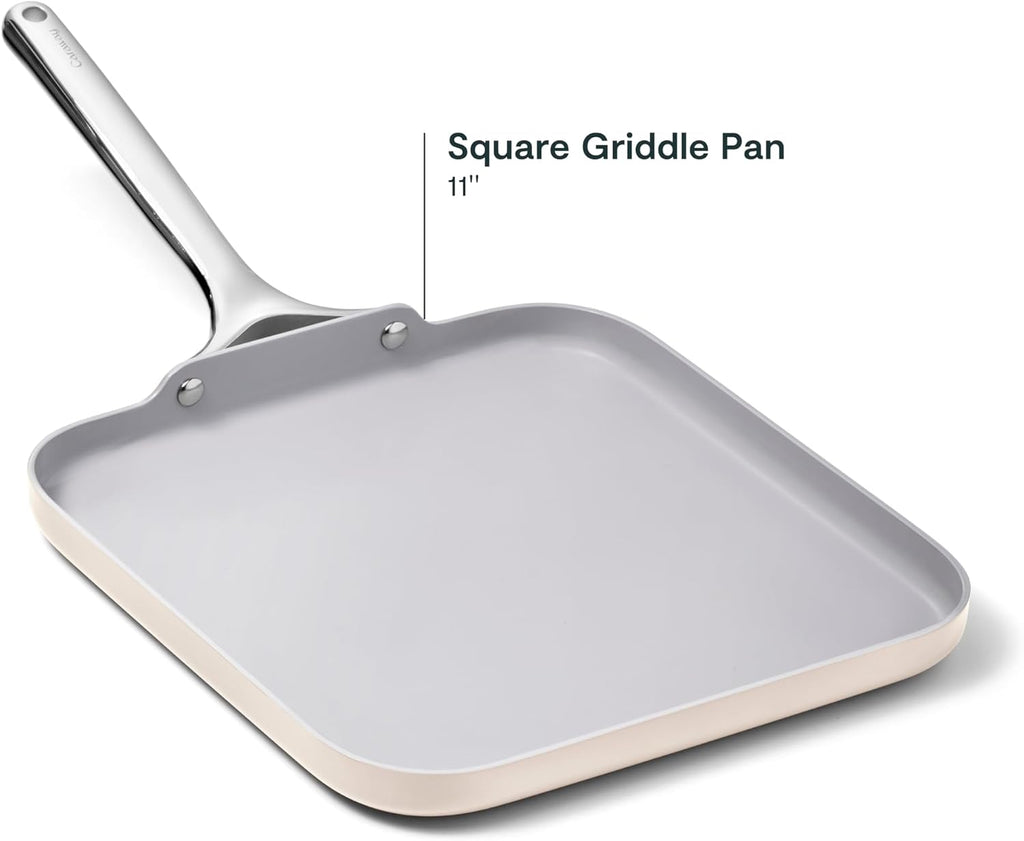 Caraway Square Griddle Pan - 11' Square Pan - Non-Stick Ceramic Coated - Non Toxic, PTFE & PFOA Free - Oven Safe & Compatible with All Stovetops - Cream