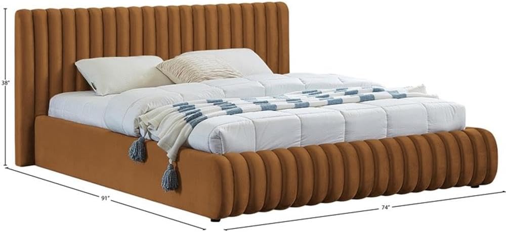 Meridian Furniture NicoSaddle-Q Nico Collection Modern | Contemporary Velvet Upholstered Queen Bed with Rich Saddle Velvet and Deep Channel Tufting, 74' W x 91' D x 38' H, Saddle, Queen