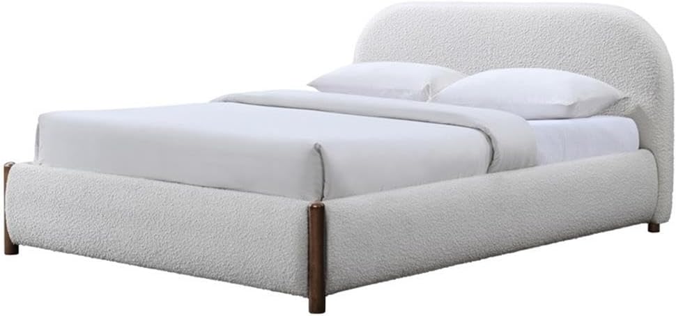 Pemberly Row Upholstered Platform Queen Bed, White Cream Boucle Fabric, Solid Wood Legs, Curved Headboard, Wooden Slat Base, No Box Spring Needed, Modern Bedroom Furniture, 69.5'W x 87.8'D x 38.2'H
