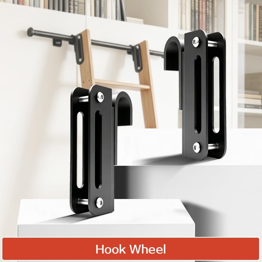 12FT Sliding Library Ladder Hardware Kit,Black Telescopic Top Hook,Bottom Wheel with Brake,MAX Load 300lbs,No Ladder