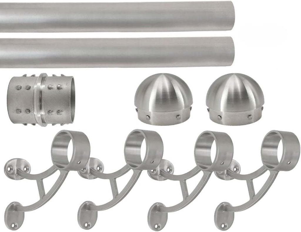Solid Bar Mount Foot Rail Kit (Custom-Made), Brushed Stainless Steel Tubing (2 in OD, 10 ft = 60 in x 2 Long) w/Internal Connector, Bar Mount Foot Rail Bracket, Domed End Cap