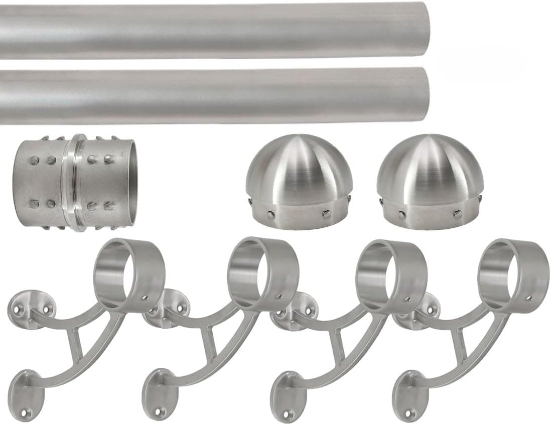 Solid Bar Mount Foot Rail Kit (Custom-Made), Brushed Stainless Steel Tubing (2 in OD, 10 ft = 60 in x 2 Long) w/Internal Connector, Bar Mount Foot Rail Bracket, Domed End Cap