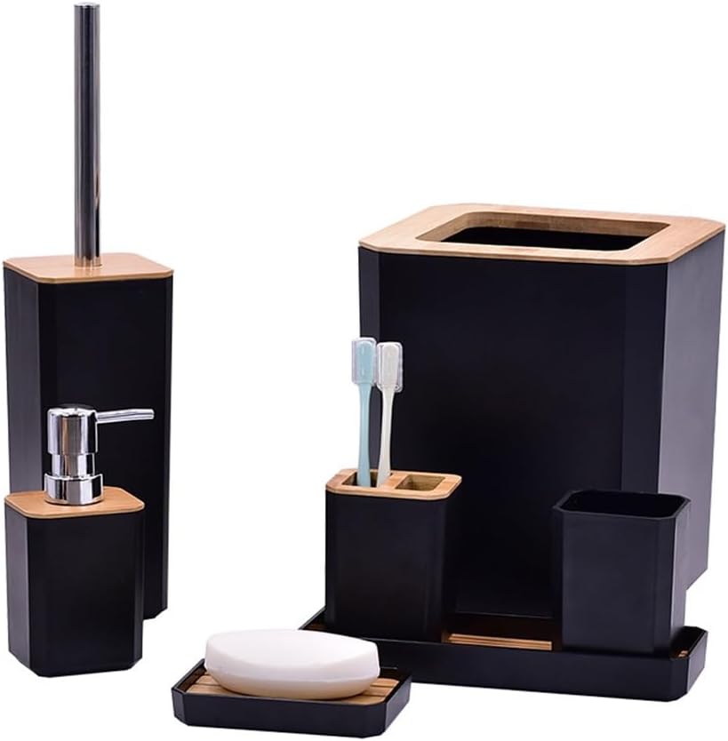 Bathroom Kit Toiletries Set Plastic Toilet Brush Trash Can(Black)