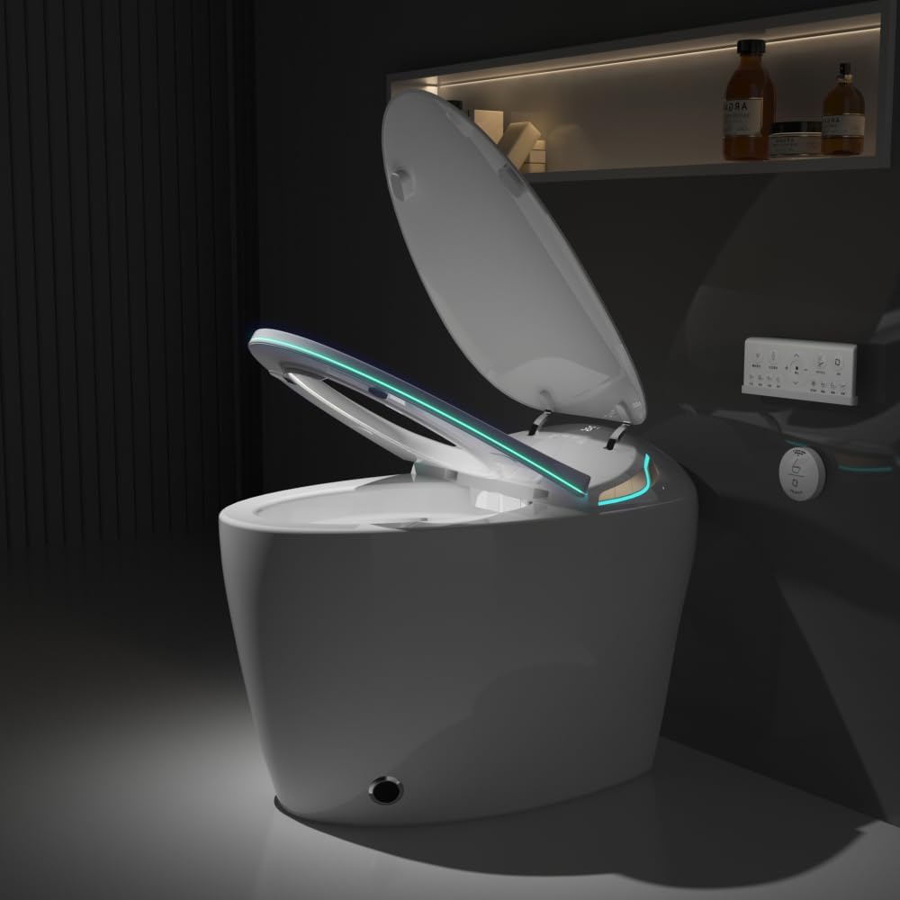 Unique Smart Toilet with Bidet, Auto Open/Close Seat, Foot Sensor, LED Display, Night Light, Warm Water & Dryer, Intelligent One-Piece Toilet for Modern Bathroom, White