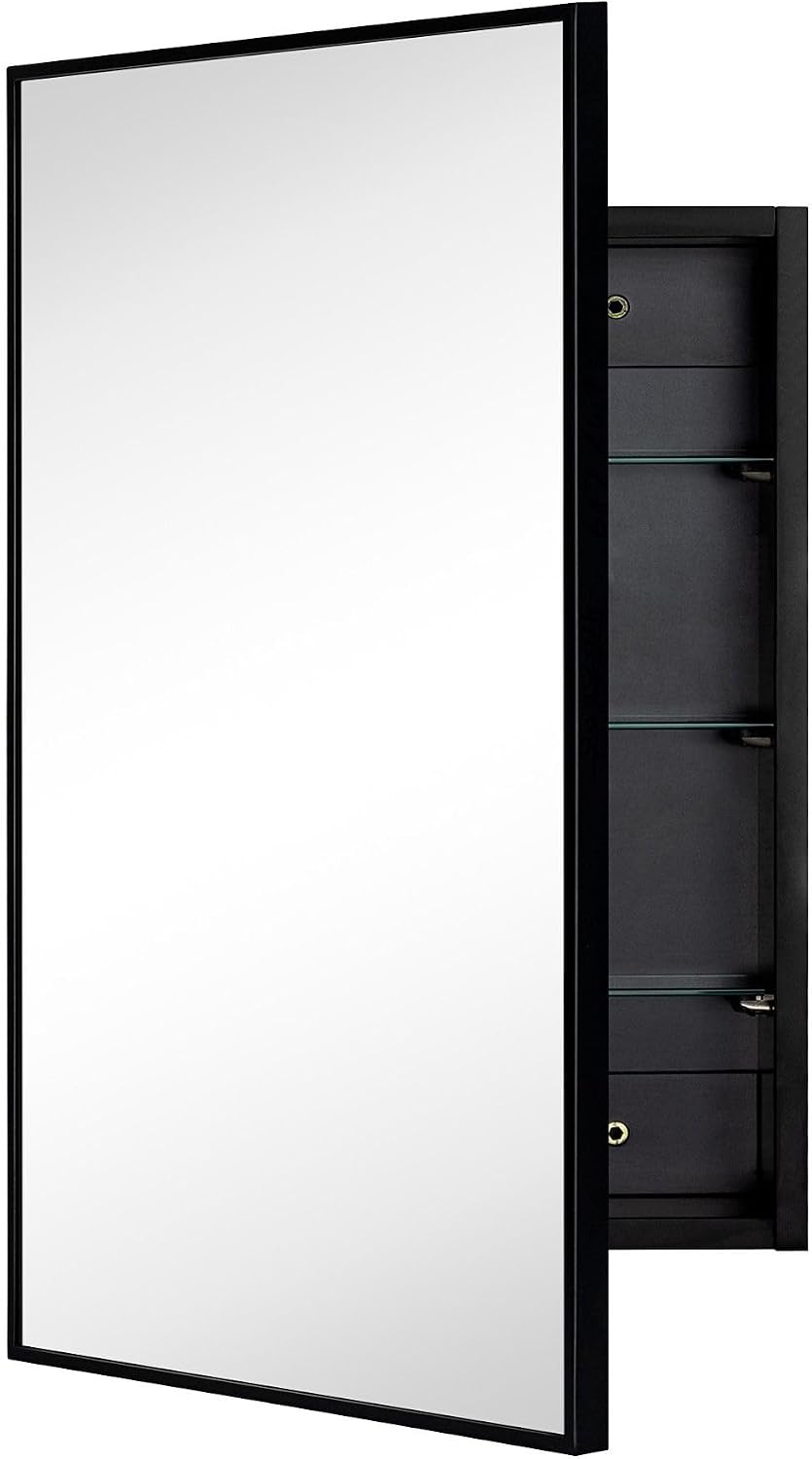 TEHOME 17.5'' x 29'' Black Recessed and Surface Mount Bathroom Medicine Cabinet with Mirror Matt Black Square Cornered Metal Framed Rounded Rectangle Medicine Cabinet Mirror