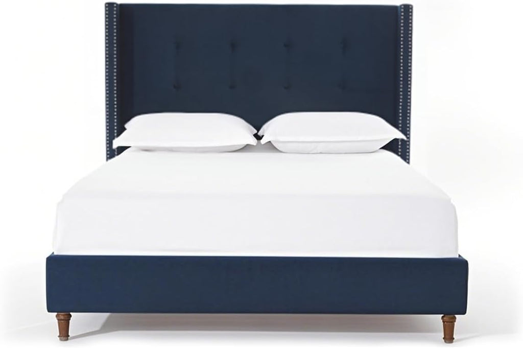 King Size Bed Frame,54'High Headboard Button Tufted Nailhead Trimmed Backrest Headboard,Velvet Metal Upholstered Platform Bed Frame,Wooden Slats Provide Strong Support,No Springs Required,Blue