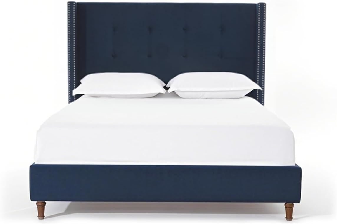 King Size Bed Frame,54'High Headboard Button Tufted Nailhead Trimmed Backrest Headboard,Velvet Metal Upholstered Platform Bed Frame,Wooden Slats Provide Strong Support,No Springs Required,Blue
