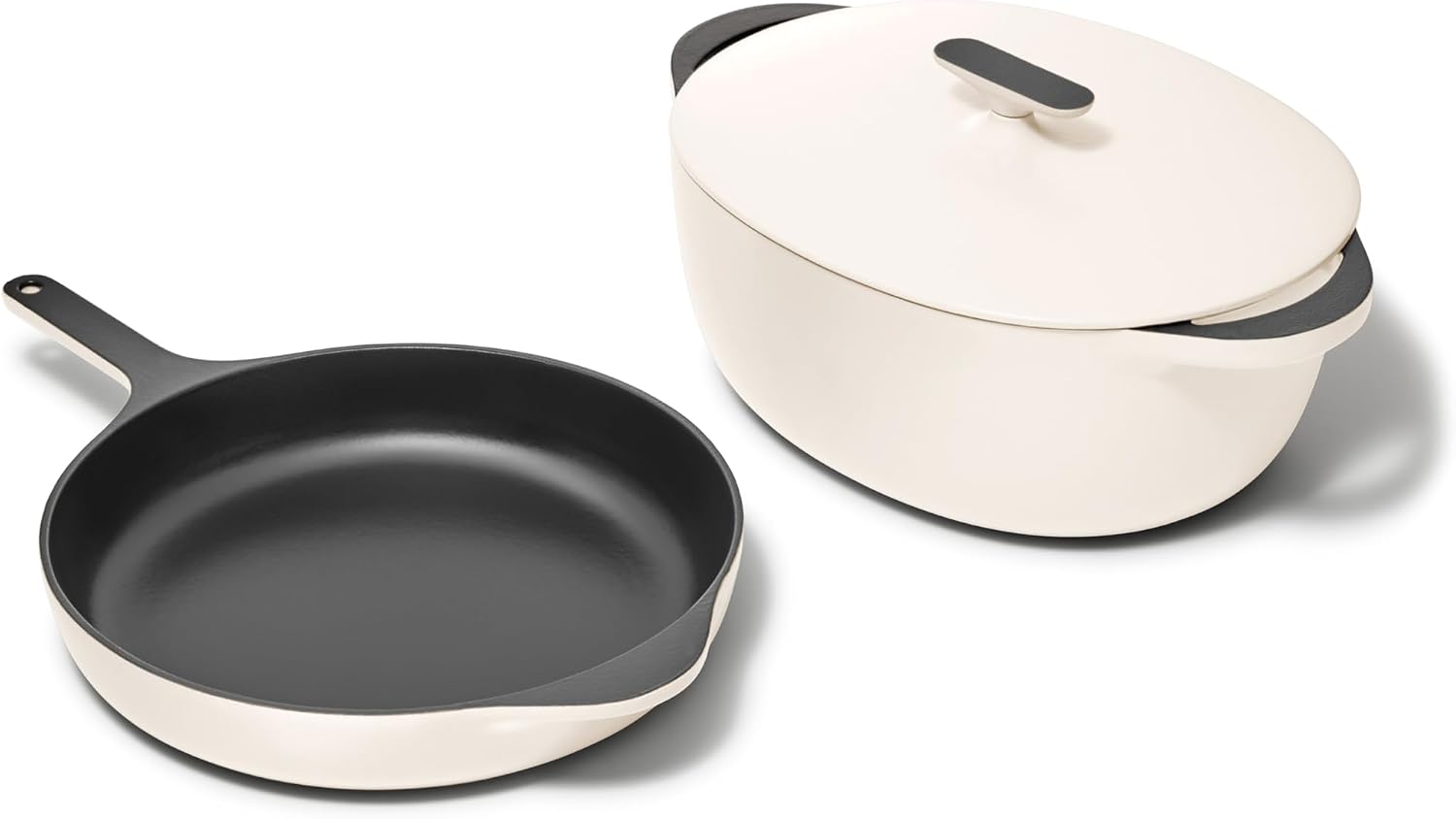 Caraway 4-Piece Enameled Cast Iron Duo - 12' Skillet, 8.5 qt Dutch Oven with Lid and Storage Organizer - Non-Toxic 3-Layer Enamel Coating - No Seasoning Required - Cream