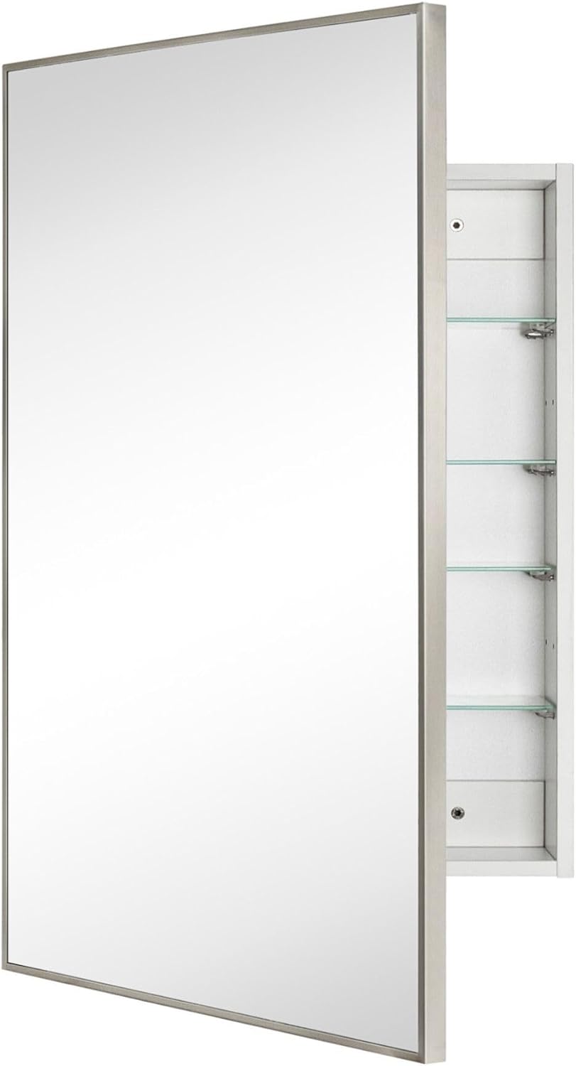 TEHOME 24'' x 30'' Brushed Nickel Recessed and Surface Mount Bathroom Nickel Medicine Cabinet with Mirror Square Cornered Metal Framed Rounded Rectangle Medicine Cabinet Mirror