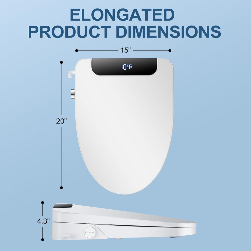 Electric Bidet Toilet Seat, Elongated, Warm Water with Air Dryer, Heated Seat and Slow Close Lid, Adjustable Water Temperature, Front and Rear Wash, LED Nightlight, Wireless Remote, 102