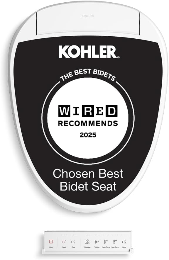 Kohler PureWash E820 Elongated Heated Bidet Toilet Seat, White with Remote Control, Quiet-Close Lid, Automatic Deodorization, Warm Water, Self-Cleaning Wand, Adjustable Water Pressure and Nightlight