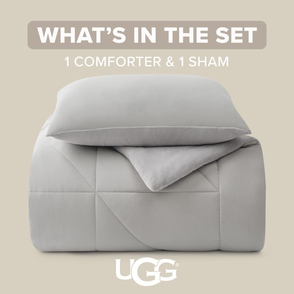 UGG Twin XL/Twin Comforter Set – 2 Piece Luxury Reversible Plush Twin Bed Set with Down Alternative Fill, Soft Comforters Bedding Set with a Pillow Sham for Home & Bedroom Decor, Seal Gray (Corey)